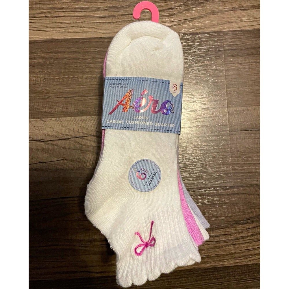 Aero Women's Cotton Cushioned Quarter Low Cut Socks Bow Pattern 6 Pairs